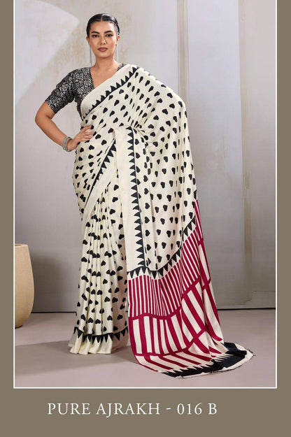 Pure Ajrakh Modal Satin Saree – Traditional Ajrakh Print with Blouse