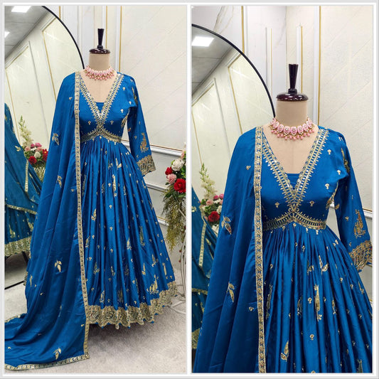 Aliya-Cut Gown, Pant & Dupatta Set – Fully Stitched and Ready to Wear
