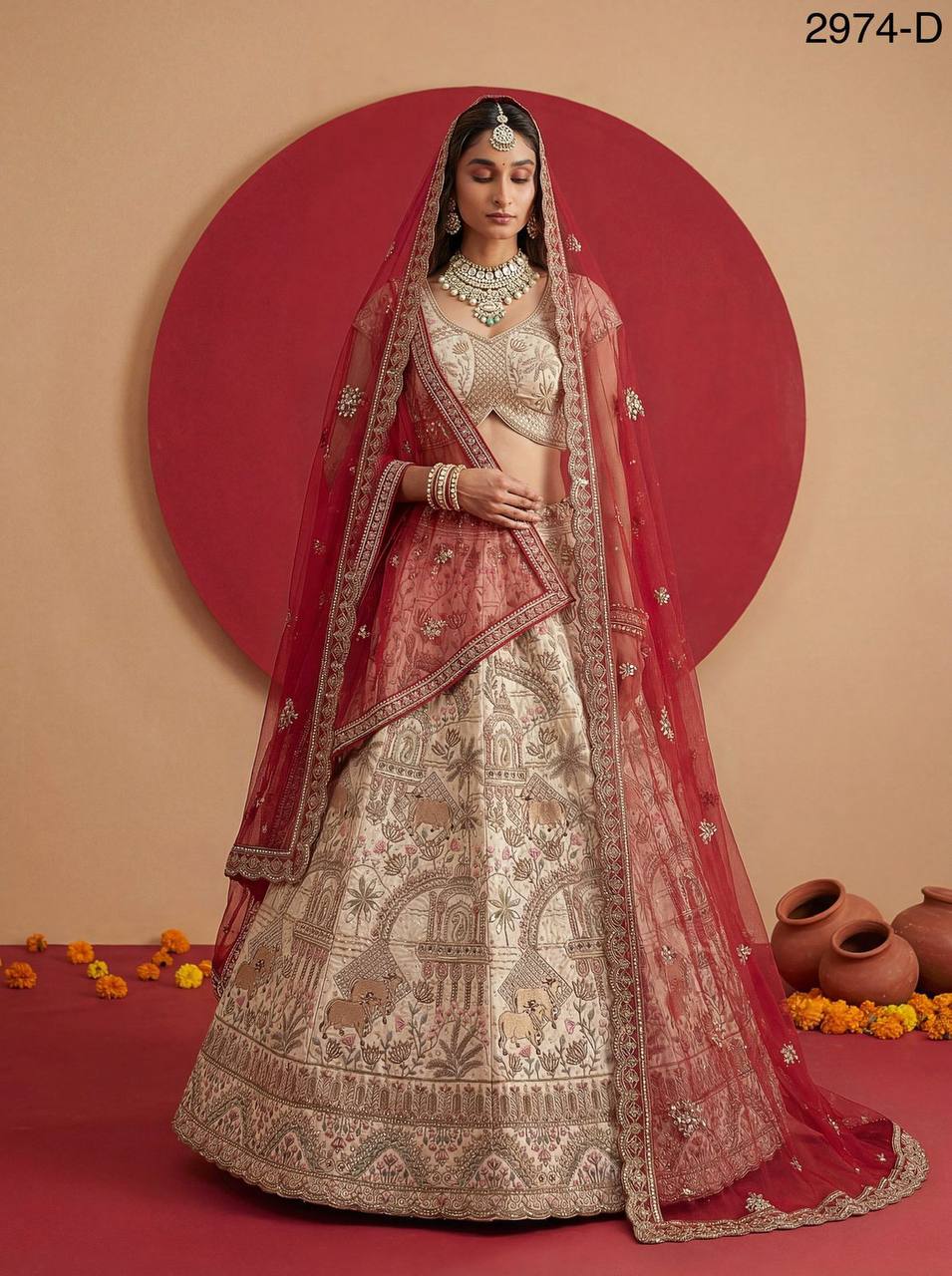Exclusive Bridal Gadhwal Silk Lehenga Set – Figure Embroidery, Zari & Sequins Work