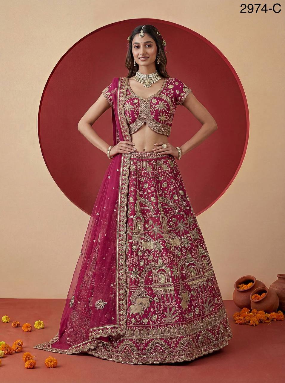Exclusive Bridal Gadhwal Silk Lehenga Set – Figure Embroidery, Zari & Sequins Work