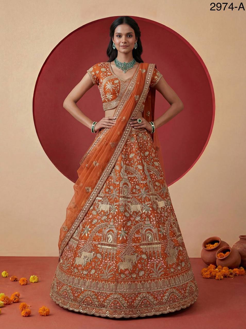 Exclusive Bridal Gadhwal Silk Lehenga Set – Figure Embroidery, Zari & Sequins Work