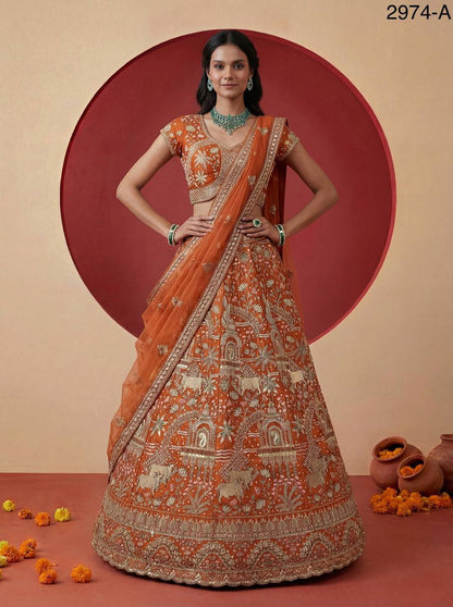 Exclusive Bridal Gadhwal Silk Lehenga Set – Figure Embroidery, Zari & Sequins Work