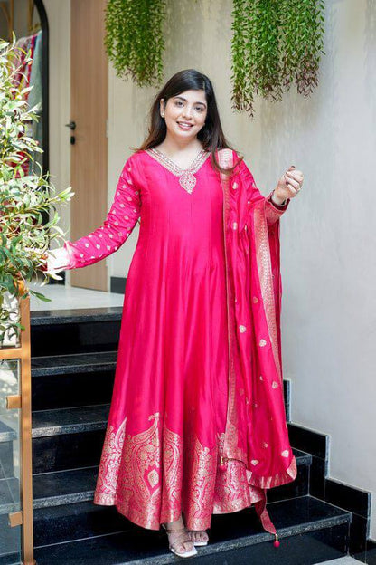 Premium Chanderi Anarkali Outfit – Banarasi Zari Weaving