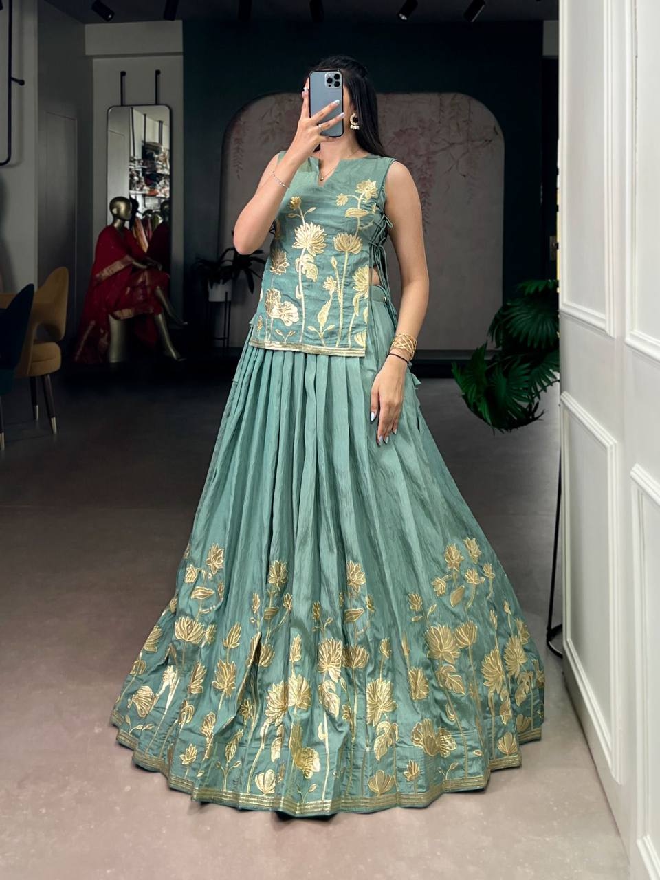 Exclusive Co‑Ord Set – Pure Shimmer Lehenga, Blouse & Overlay Top with Thread Embroidery