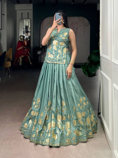 Exclusive Co‑Ord Set – Pure Shimmer Lehenga, Blouse & Overlay Top with Thread Embroidery