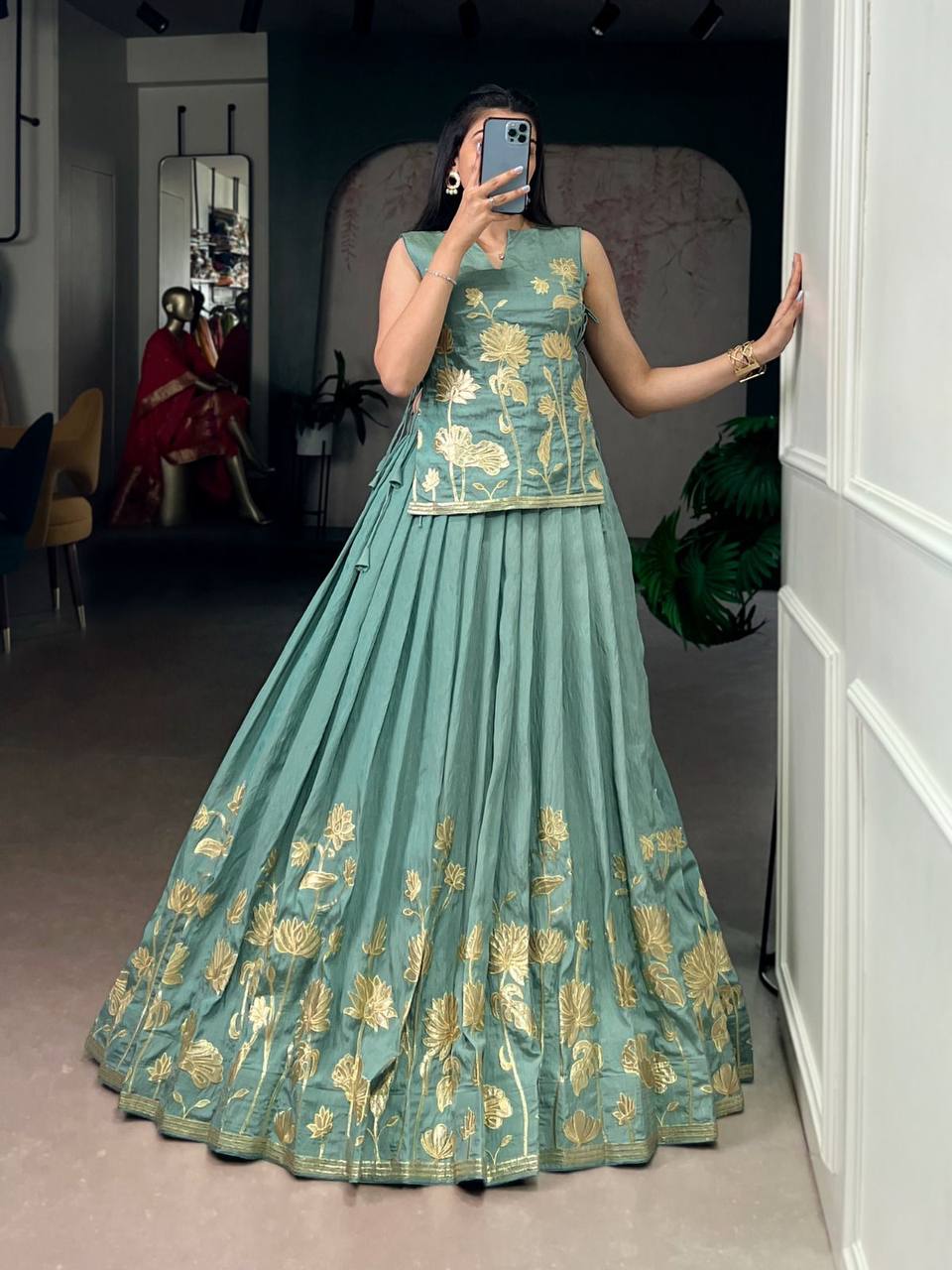Exclusive Co‑Ord Set – Pure Shimmer Lehenga, Blouse & Overlay Top with Thread Embroidery