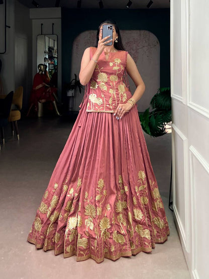 Exclusive Co‑Ord Set – Pure Shimmer Lehenga, Blouse & Overlay Top with Thread Embroidery
