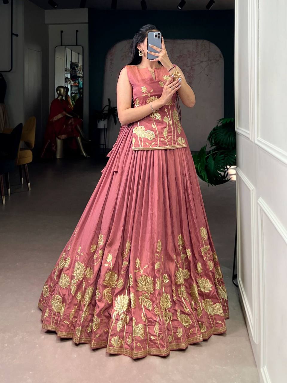 Exclusive Co‑Ord Set – Pure Shimmer Lehenga, Blouse & Overlay Top with Thread Embroidery