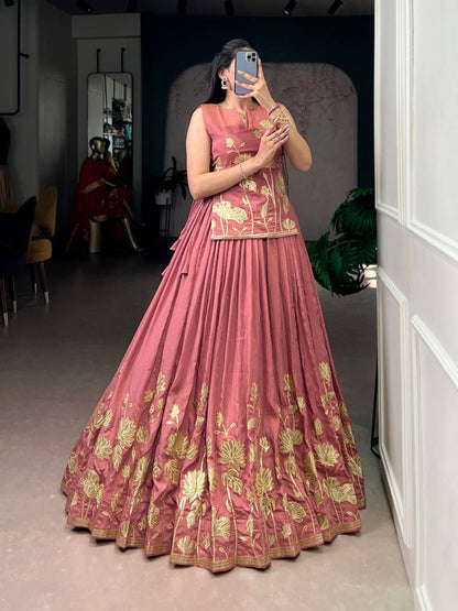 Exclusive Co‑Ord Set – Pure Shimmer Lehenga, Blouse & Overlay Top with Thread Embroidery