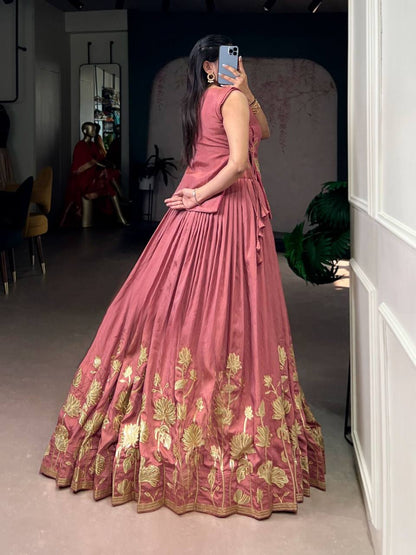 Exclusive Co‑Ord Set – Pure Shimmer Lehenga, Blouse & Overlay Top with Thread Embroidery