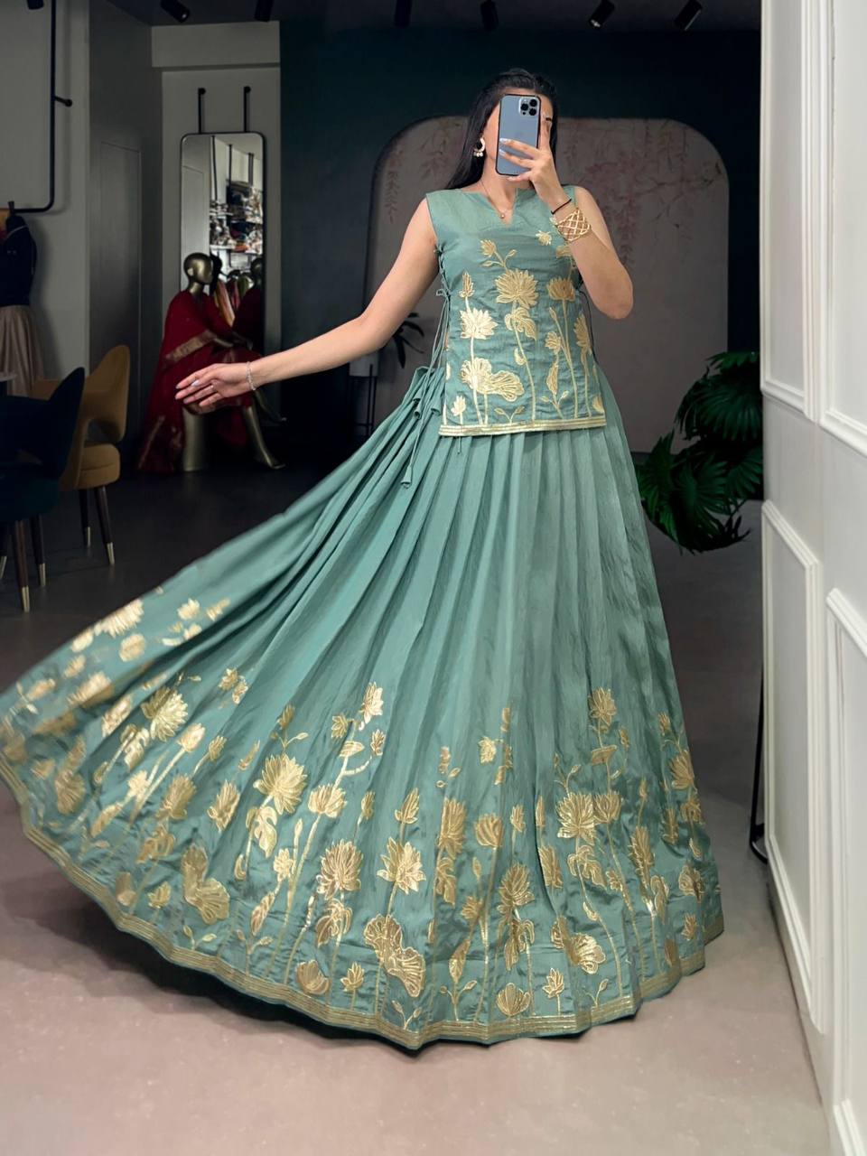 Exclusive Co‑Ord Set – Pure Shimmer Lehenga, Blouse & Overlay Top with Thread Embroidery