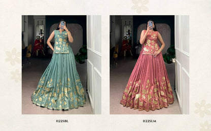 Exclusive Co‑Ord Set – Pure Shimmer Lehenga, Blouse & Overlay Top with Thread Embroidery