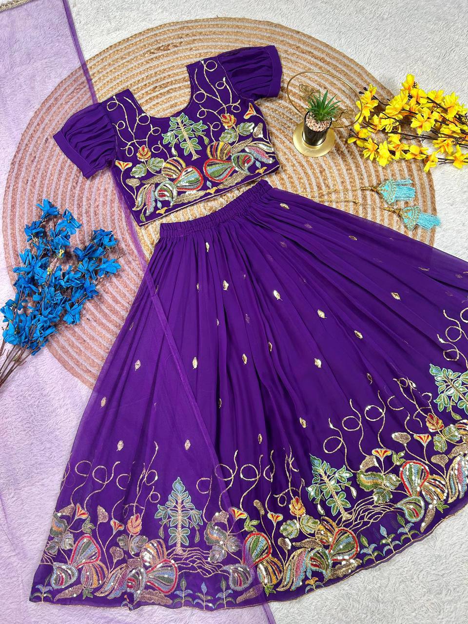 Heavy Faux Georgette Lehenga Set – Sequins Embroidery with Butterfly Net Dupatta