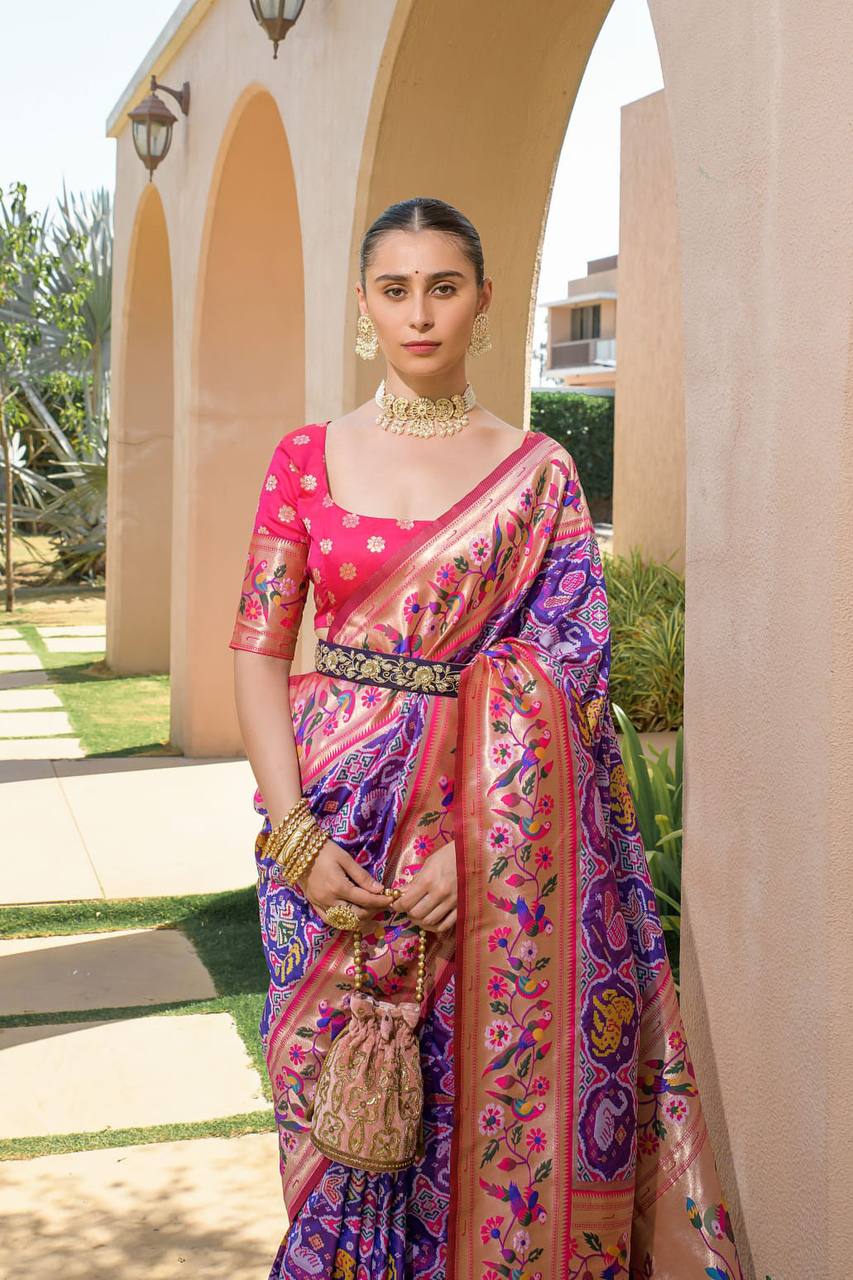 Banarasi Soft Silk Paithani Patola Saree – Meena & Zari Weaving