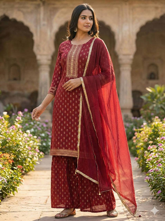 Rayon Sharara Set – Printed Embroidery Top with Nazmin Dupatta