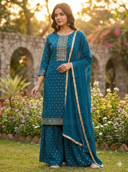 Rayon Sharara Set – Printed Embroidery Top with Nazmin Dupatta