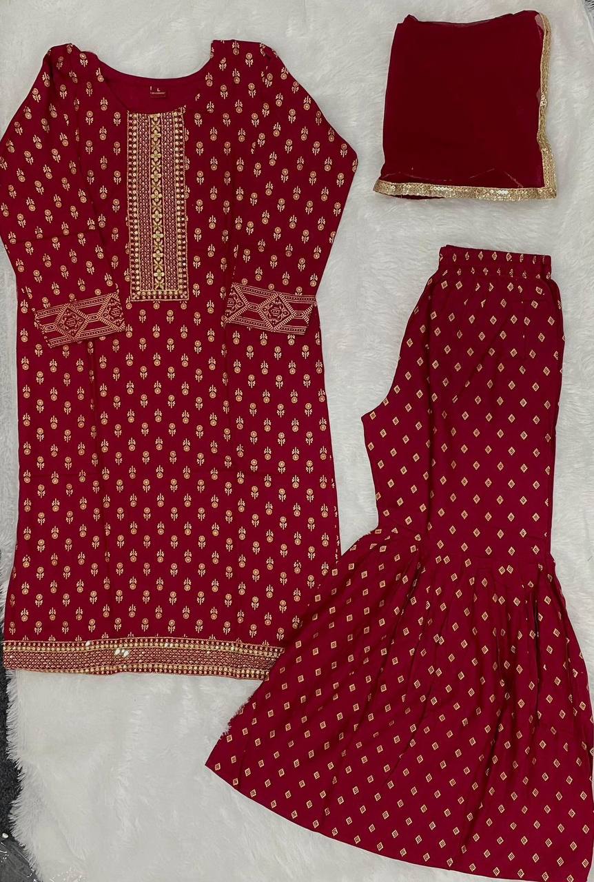 Rayon Sharara Set – Printed Embroidery Top with Nazmin Dupatta