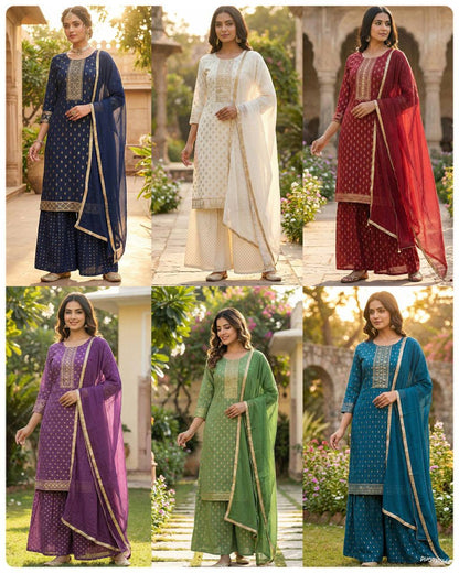 Rayon Sharara Set – Printed Embroidery Top with Nazmin Dupatta