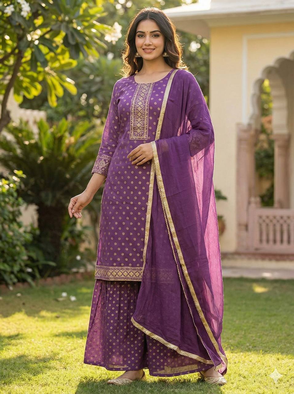 Rayon Sharara Set – Printed Embroidery Top with Nazmin Dupatta