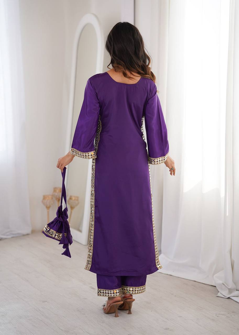 Natural Crepe Kurti‑Pant Set with Real Mirror Lace Work & Batwa