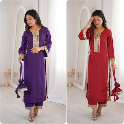 Natural Crepe Kurti‑Pant Set with Real Mirror Lace Work & Batwa