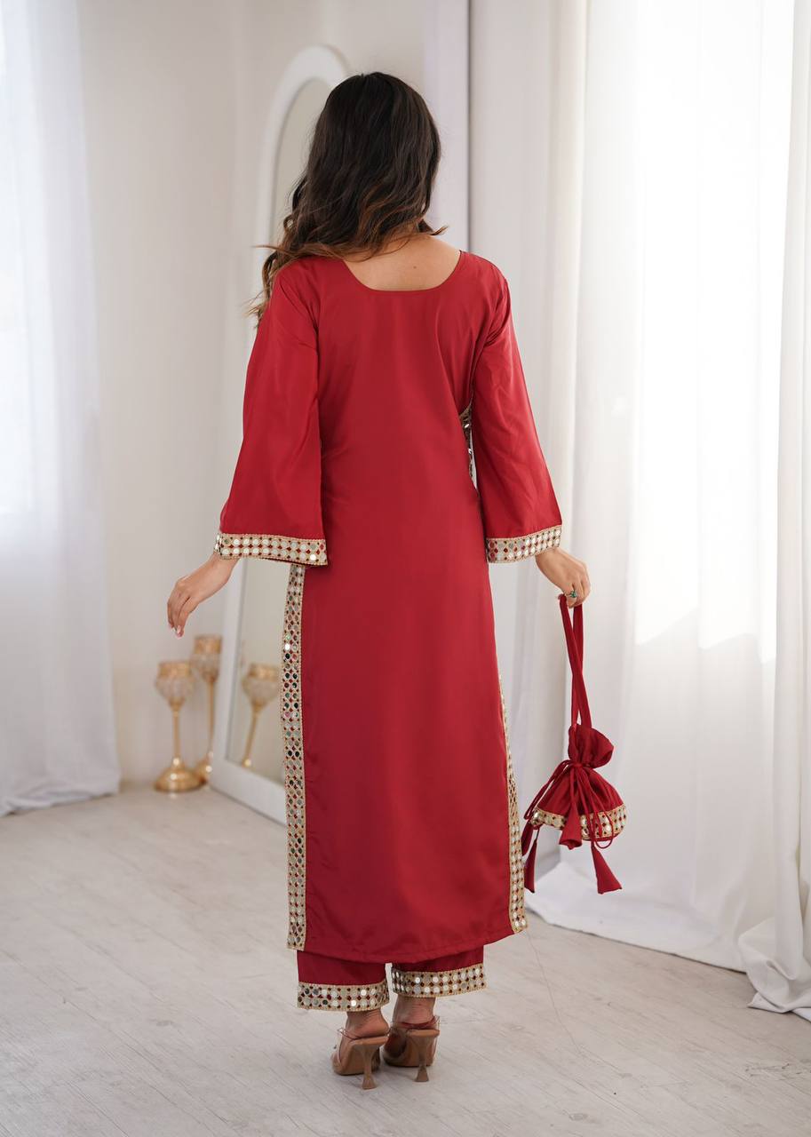 Natural Crepe Kurti‑Pant Set with Real Mirror Lace Work & Batwa