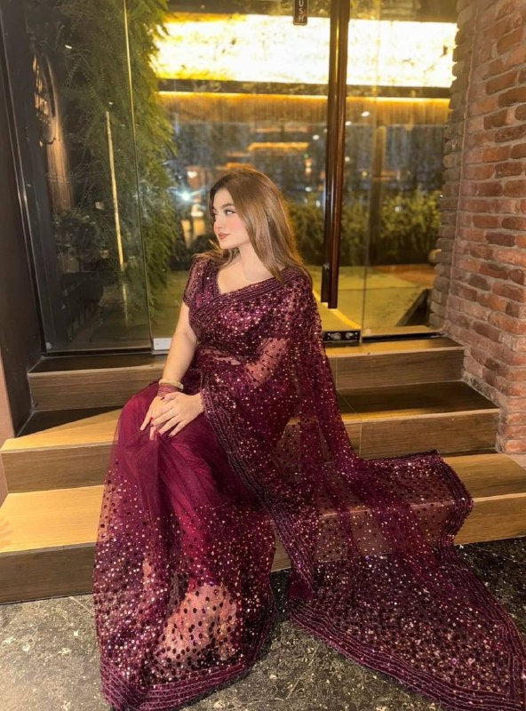 Glitter Glam Net Saree – Sequins & Dori Work with Net Blouse and Butter Crepe Petticoat