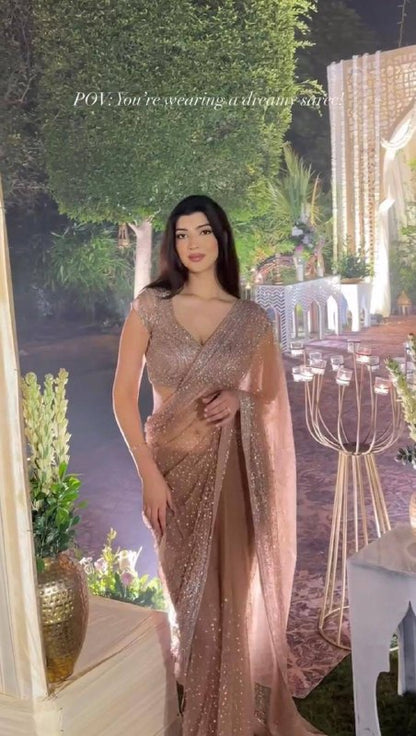 Glitter Glam Net Saree – Sequins & Dori Work with Net Blouse and Butter Crepe Petticoat
