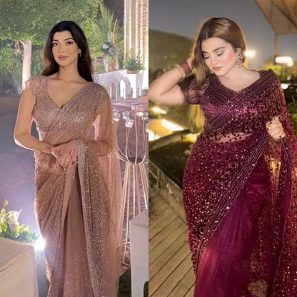 Glitter Glam Net Saree – Sequins & Dori Work with Net Blouse and Butter Crepe Petticoat