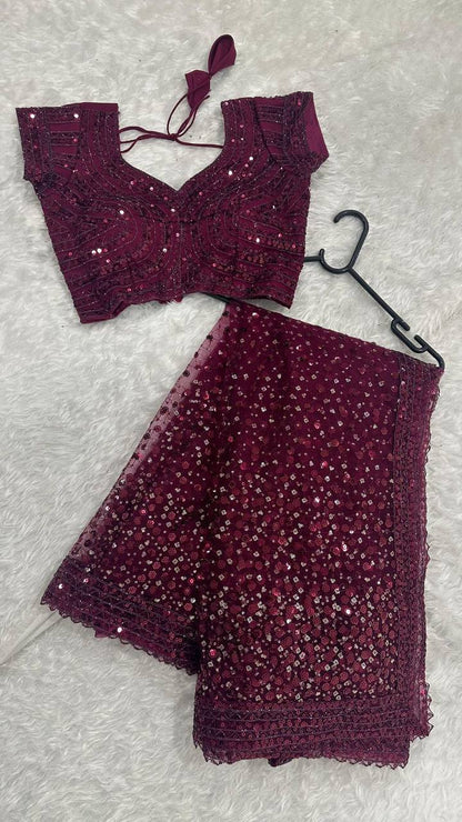 Glitter Glam Net Saree – Sequins & Dori Work with Net Blouse and Butter Crepe Petticoat