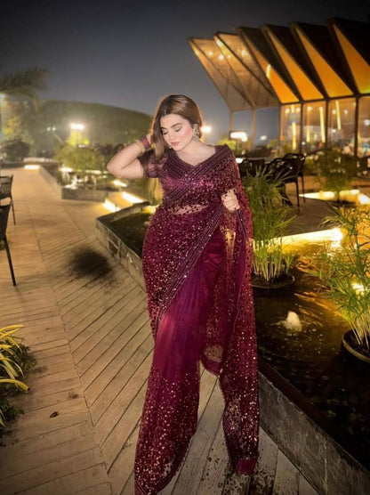 Glitter Glam Net Saree – Sequins & Dori Work with Net Blouse and Butter Crepe Petticoat