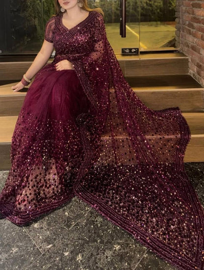 Glitter Glam Net Saree – Sequins & Dori Work with Net Blouse and Butter Crepe Petticoat