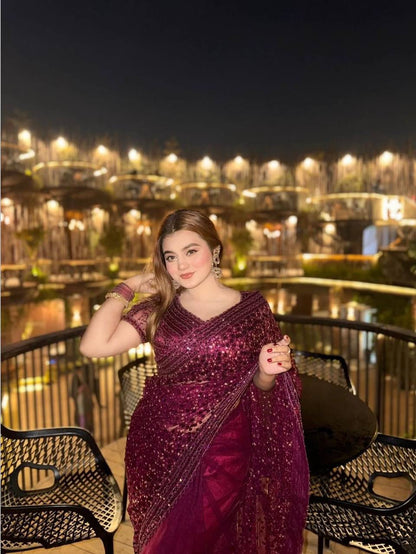 Glitter Glam Net Saree – Sequins & Dori Work with Net Blouse and Butter Crepe Petticoat