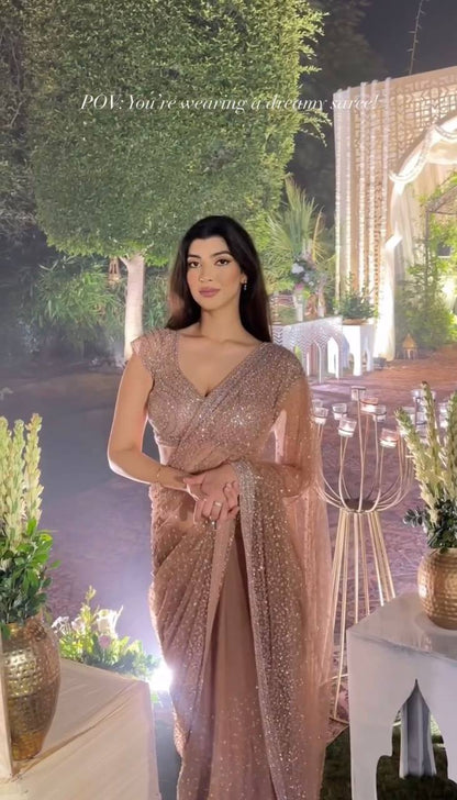 Glitter Glam Net Saree – Sequins & Dori Work with Net Blouse and Butter Crepe Petticoat