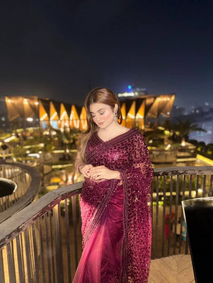 Glitter Glam Net Saree – Sequins & Dori Work with Net Blouse and Butter Crepe Petticoat