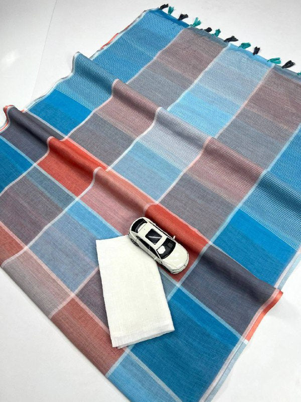 Plain Linen Saree – Digital Print with Fumka Latkan & Bangalori Satin Blouse