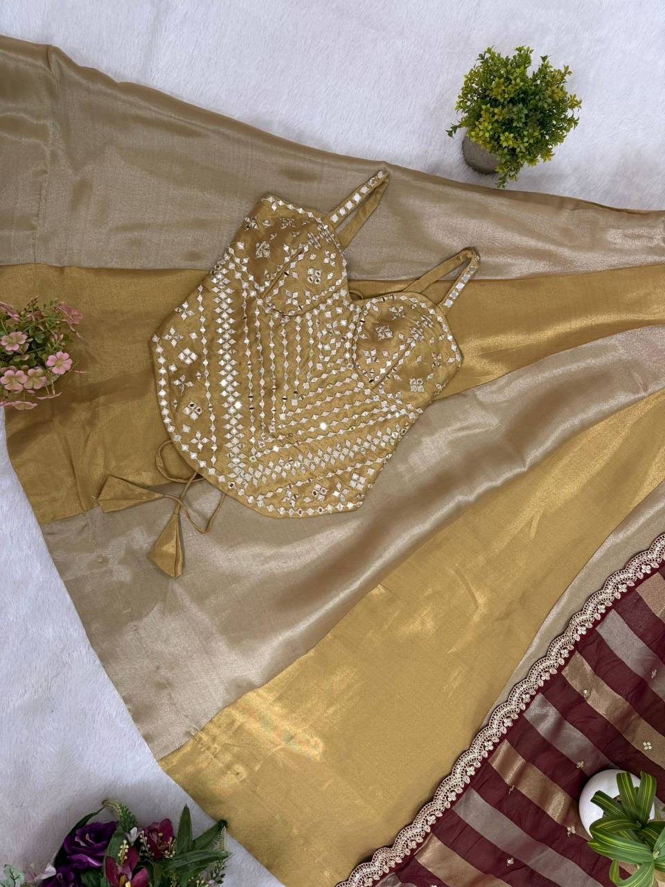 Banarasi Viscose Bridal Lehenga Set – Mirror Handwork Blouse &amp; Embroidered Silk Dupatta