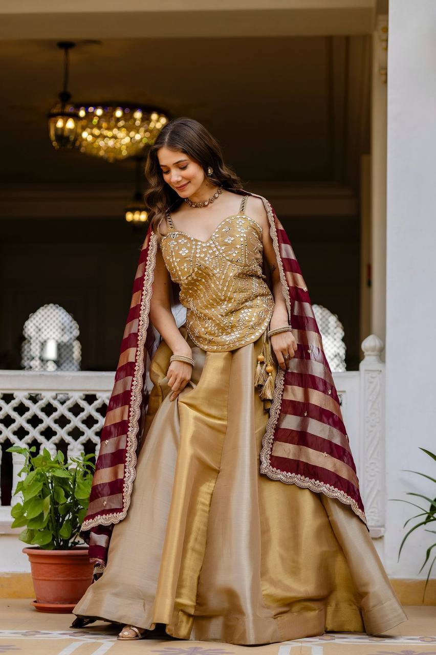 Banarasi Viscose Bridal Lehenga Set – Mirror Handwork Blouse &amp; Embroidered Silk Dupatta