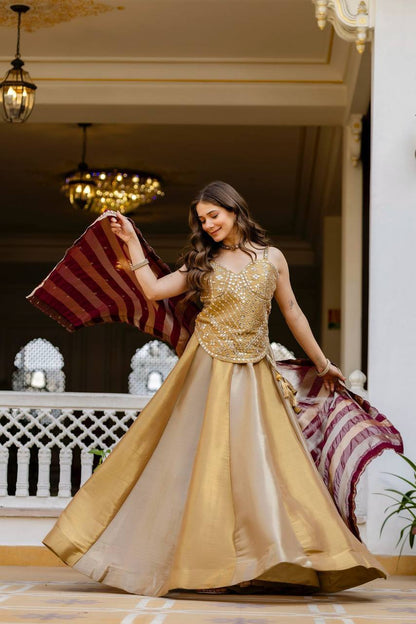 Banarasi Viscose Bridal Lehenga Set – Mirror Handwork Blouse &amp; Embroidered Silk Dupatta