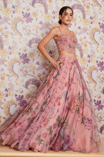 Premium Taby Silk Lehenga Set – Printed Design with Embroidery, Sequins & Real Mirror Work