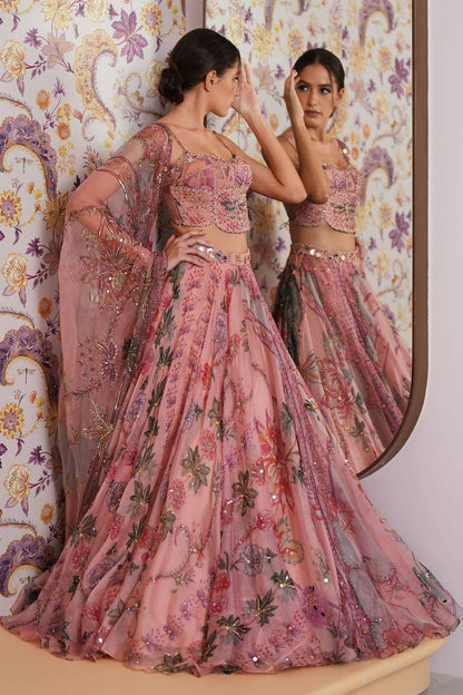 Premium Taby Silk Lehenga Set – Printed Design with Embroidery, Sequins & Real Mirror Work
