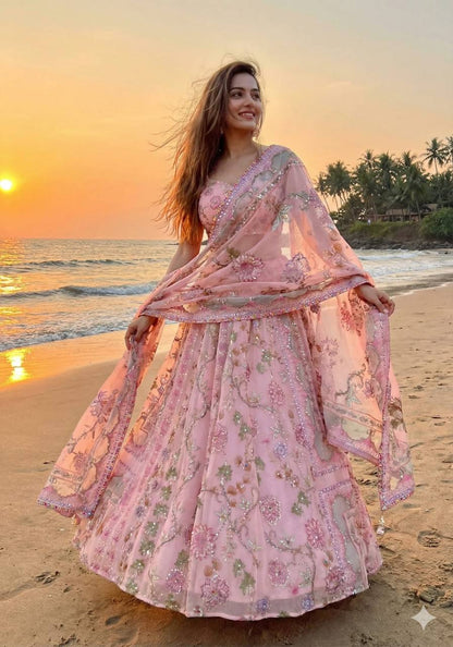 Premium Taby Silk Lehenga Set – Printed Design with Embroidery, Sequins & Real Mirror Work