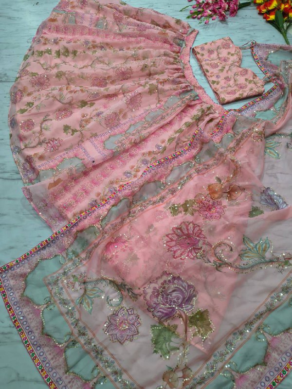 Premium Taby Silk Lehenga Set – Printed Design with Embroidery, Sequins & Real Mirror Work