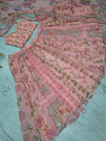 Premium Taby Silk Lehenga Set – Printed Design with Embroidery, Sequins & Real Mirror Work