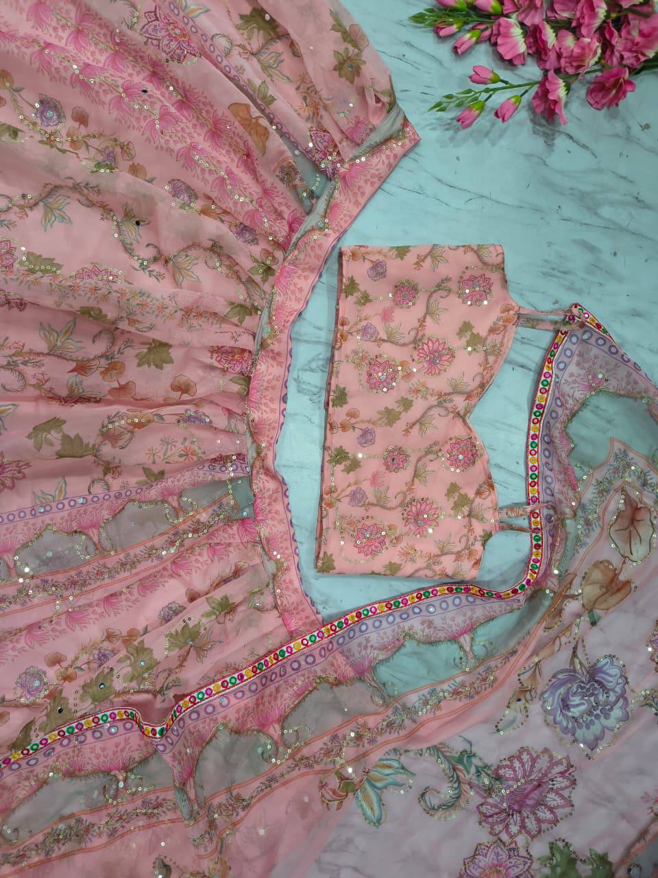 Premium Taby Silk Lehenga Set – Printed Design with Embroidery, Sequins & Real Mirror Work