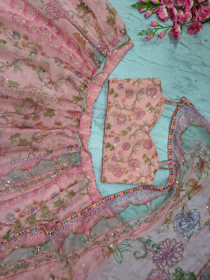 Premium Taby Silk Lehenga Set – Printed Design with Embroidery, Sequins & Real Mirror Work