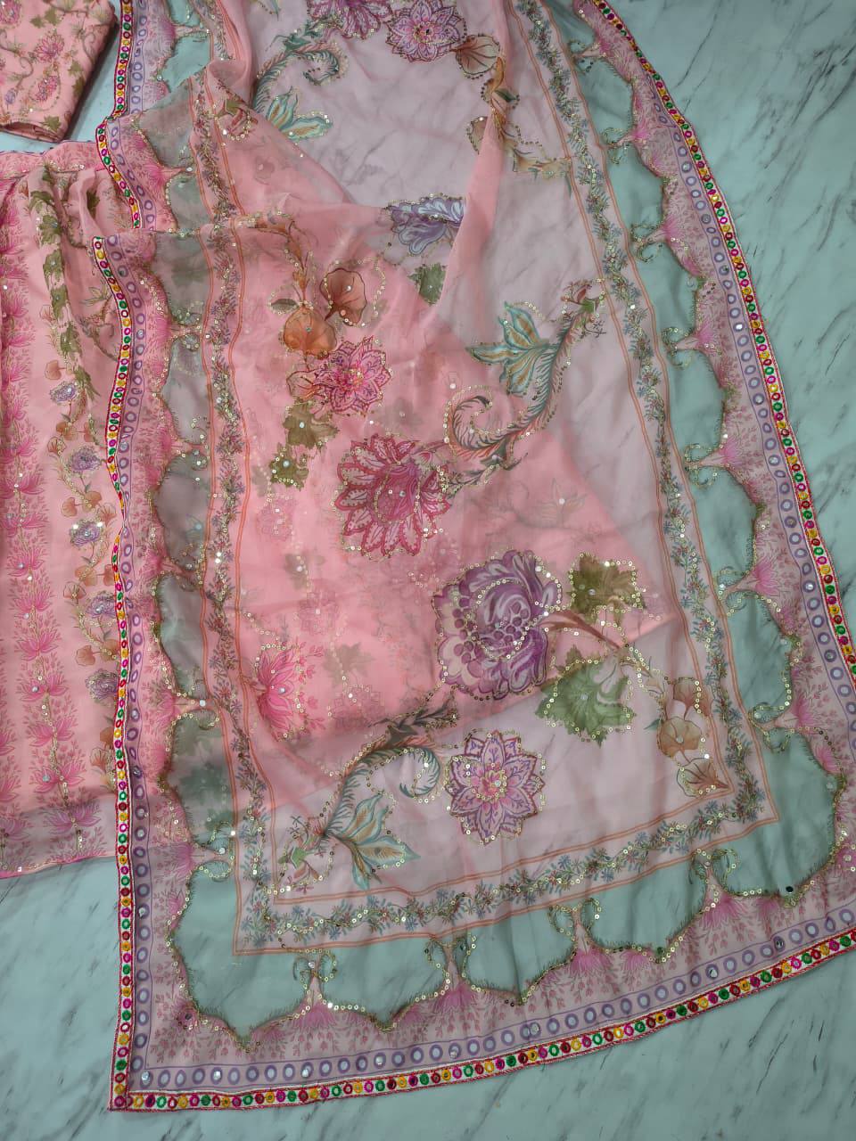 Premium Taby Silk Lehenga Set – Printed Design with Embroidery, Sequins & Real Mirror Work