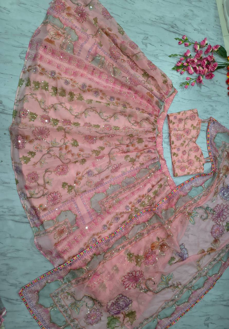 Premium Taby Silk Lehenga Set – Printed Design with Embroidery, Sequins & Real Mirror Work