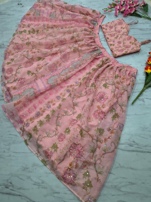 Premium Taby Silk Lehenga Set – Printed Design with Embroidery, Sequins & Real Mirror Work