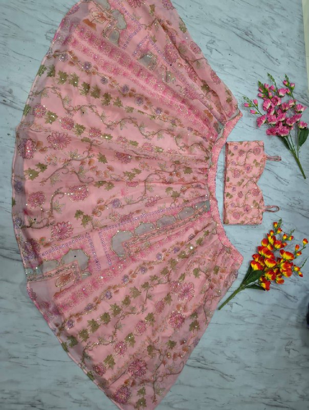 Premium Taby Silk Lehenga Set – Printed Design with Embroidery, Sequins & Real Mirror Work